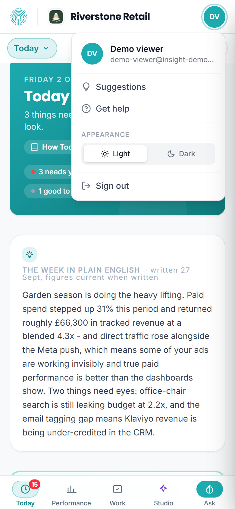 The account menu open on a phone, with Suggestions and Get help as rows above Sign out.