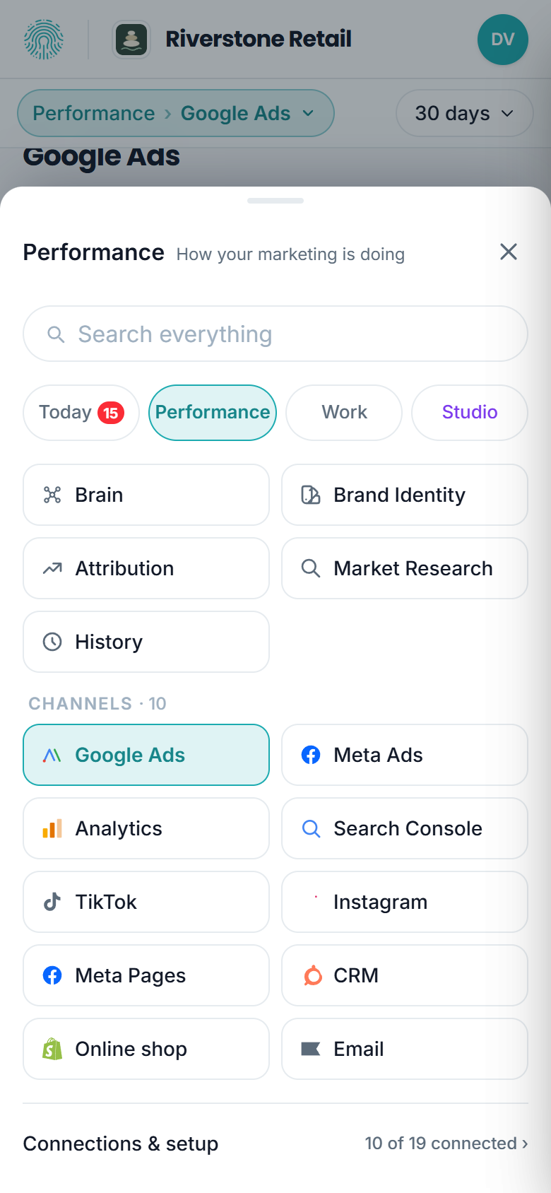 The sheet that opens from the where-row, over the Google Ads tab: search at the top, the four areas as chips, every Performance tab and channel with its full name, and Connections & setup at the bottom.