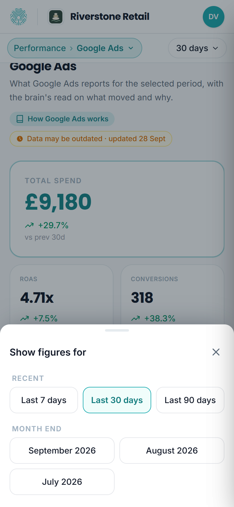 The date sheet open on a phone, titled Show figures for: Last 7, 30 and 90 days under Recent, and the closed months under Month end.