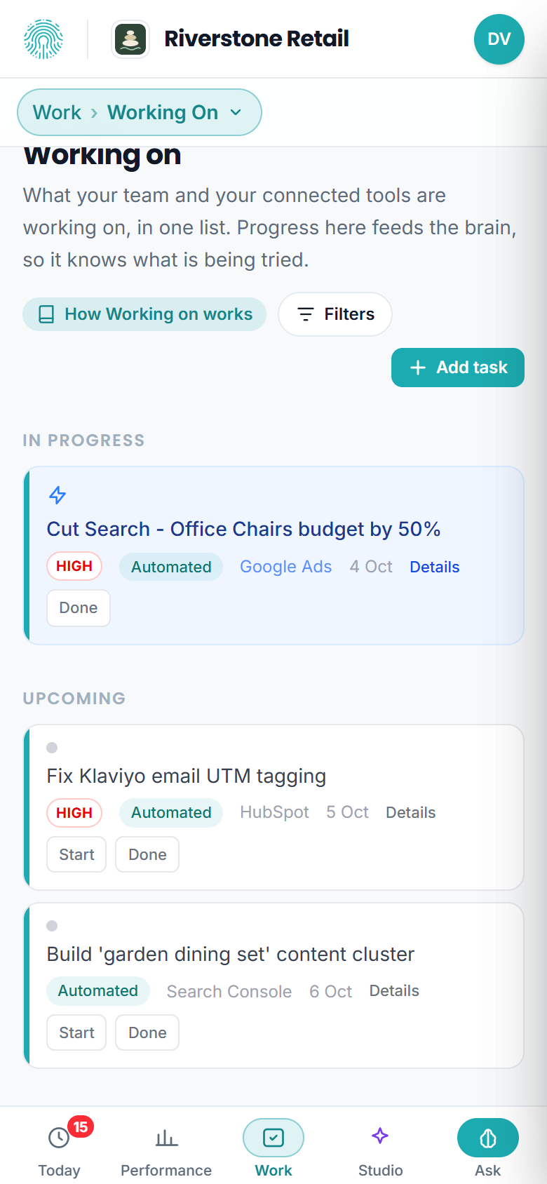 The Working on tab on a phone: tasks grouped under In progress and Upcoming, each with its priority, where it came from, its date, and Start and Done buttons.